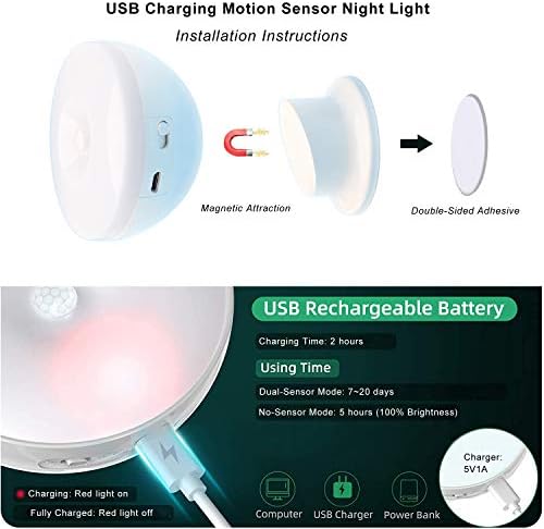 SPTECH USB Зареждане, Сензор за движение, Нощни осветителни тела, Въртящи се на 360 ° и мобилни, led Лампа за стълбища,