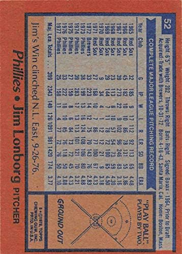 1978 Бейзболна картичка Topps #52 Джим Лонборга Philadelphia Phillies MLB EX Excellent