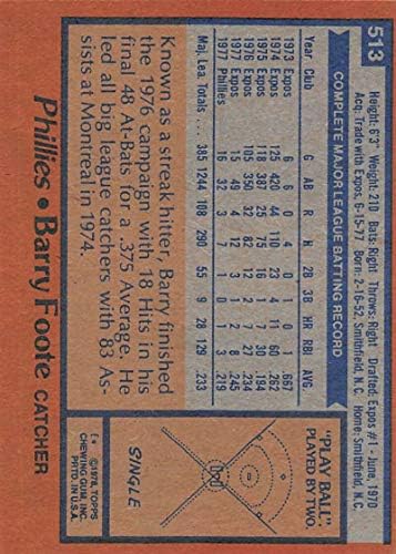 1978 Бейзболна картичка Topps #513 Бари Foote Philadelphia Phillies MLB EX Excellent