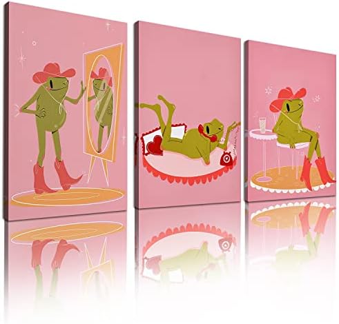 SKINGE Модерен Плакат със Зелена Жаба, Сладки Розови Плакати за Естетически интериор, Комплект от 3 теми, Розова Овчарка,