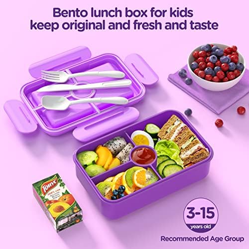 Jelife Lunch Box Kids Bento Box - Голям Запечатан Детски обяд-бокс в стил Bento с 4 отделения, Съдове за хранене с прибори за връщане в училище, Множество опаковки за храна и закуски в