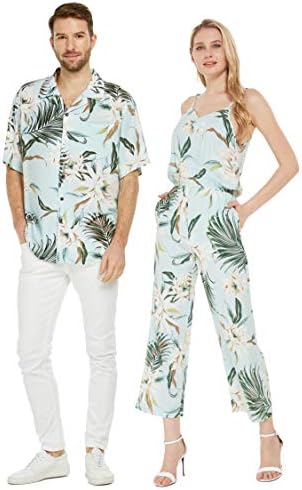 Подходяща двойка - хавайска риза Luau или Гащеризон с V-образно деколте и джобове от тънка светло синя кърпа Cereus
