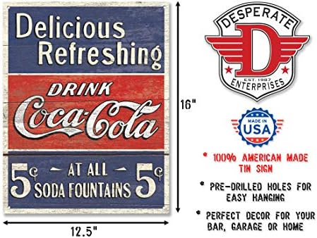 Лидице знак Desperate Enterprises Coca-Cola Вкусни 5 Cents - Носталгично Ретро Метална декорация за стени - Произведено