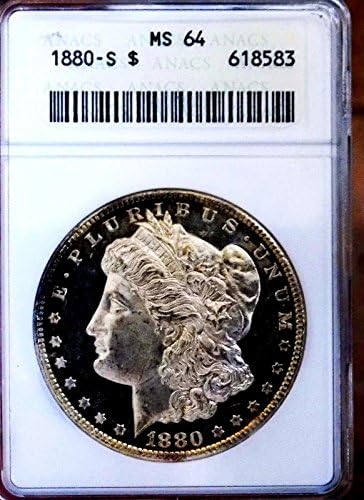 Сребърен долар Морган 1880 ANACS MS 64 +++ DMPL OBV Монета Чудовище PQ WOW