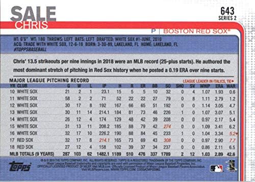 2019 Бейзболна картичка Topps 643 Крис Сейла Бостън Ред Сокс
