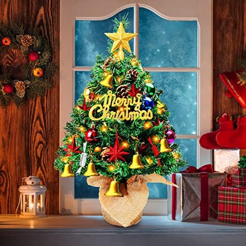 Мини Коледно Дърво, 22 Изкуствена Малка Коледна Бор, Настолна Коледна Елха с led Гирлянди, Коледни Топки, Шишарки, Златна