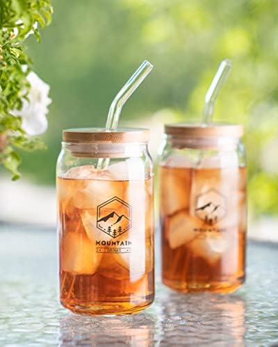 Чаши за пиене Mountain Drinks - 4 опаковки здрави боросиликатных чаши Libby с бамбукови капаци и стъклен соломинкой -